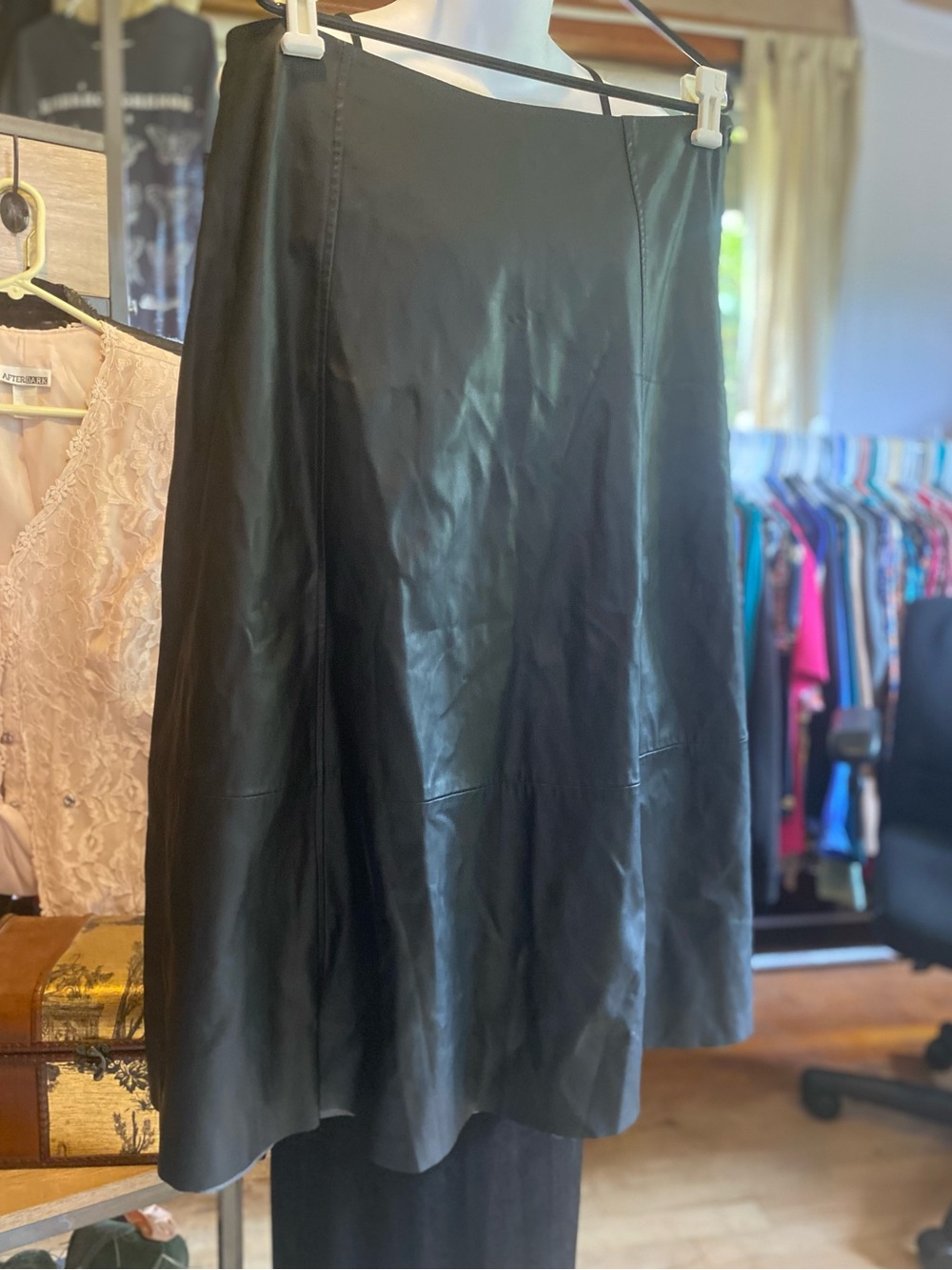 H&M Black Faux Leather A-Line Midi Skirt